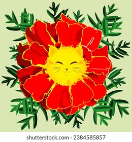 Marigold flower with a cat's face. Tagetes cute face.
