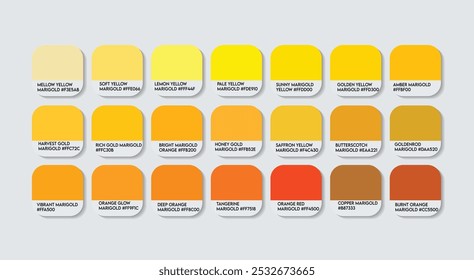 Marigold Flower Color Palette, Marigold Color Guide Palette with Color Names. Catalog Samples of yellow with RGB HEX codes. paint, natural Marigold variations, and a Fashion Trend yellow color tones