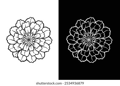 Marigold flower drawing silhouette vector illustration. Marigold silhouette icon white background.