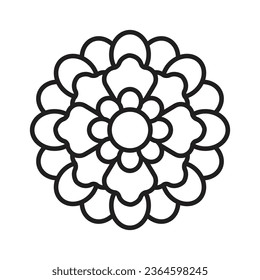 Marigold flower, editable icon. Blooming Tagetes head with petals, top view. Minimalistic botanical illustration for a label, flower shop, design website. Flat icon, thin stroke