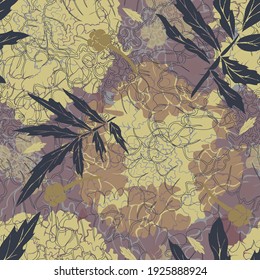 Marigold flower. Garden and meadow plant marigold. Seamless vector pattern with home colors. Hand drawing.
