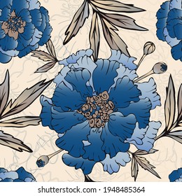 Marigold flower. Garden and meadow marigold plant. Seamless vector pattern with flowers. Hand drawing.