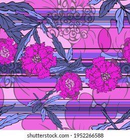 Marigold flower. Garden and meadow plant marigold. Seamless vector pattern with flowers, lines and geometry. Hand drawing.