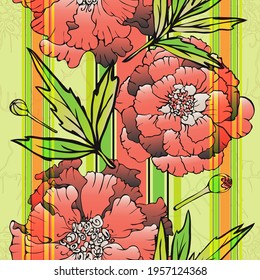 Marigold flower. Garden and meadow plant marigold. Seamless vector pattern with flowers, lines and geometry. Hand drawing.