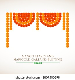 Marigold Flower Garland Decoration for Diwali Festival, Indian Festival flower decoration. Toran or Toran indian traditional bunting. Eco friendly natural bunting for festival celebration.