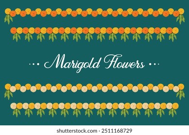 Marigold Flower Garland And Mango Leaves Hanging On Auspicious Traditional Hindu Festival. Vector Illustration for Festive Elements