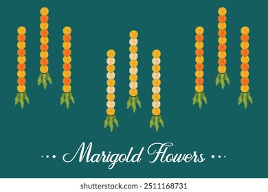 Marigold Flower Garland And Mango Leaves Hanging On Auspicious Traditional Hindu Festival. Vector Illustration for Festive Elements