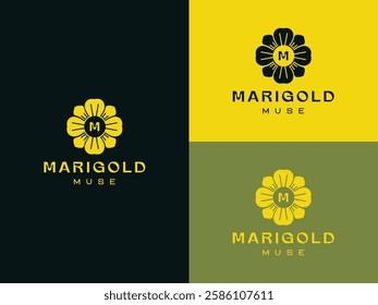 Marigold flower logo symbolizing warmth, positivity, and growth. Perfect for wellness, organic brands, beauty, and floral businesses. Elegant vector design for branding, packaging, and digital marketi