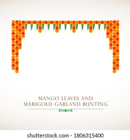 Marigold Flower and Mango Leaves Garland Decoration for Diwali Festival, Indian Festival flower decoration. Toran or Toran indian traditional bunting. Eco friendly natural bunting for celebration.