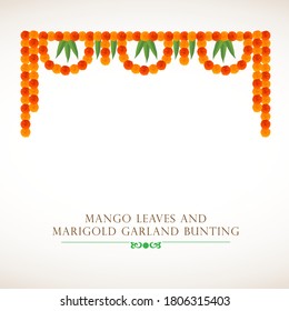 Marigold Flower and Mango Leaves Garland Decoration for Diwali Festival, Indian Festival flower decoration. Toran or Toran indian traditional bunting. Eco friendly natural bunting for celebration.