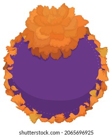 Marigold flower over empty purple round button with petals in its border.