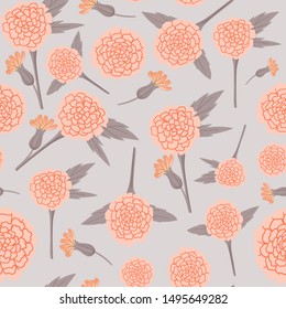 Marigold flower seamless pattern for textile. Hand drawn doodle caroon stytle background for wrapping paper, wallpaper, fabric. Stock vector