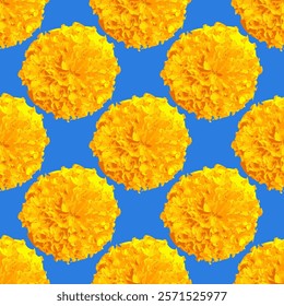 Marigold flower seamless pattern Yellow blue floral texture background. Original  print