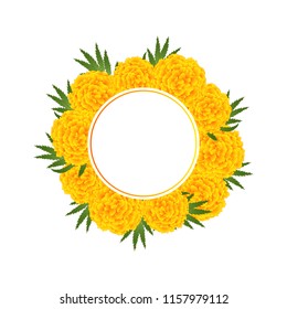 Marigold Flower - Tagetes Banner Wreath isolated on White Background. Vector Illustration.