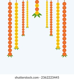 Marigold Flower vector, Traditional Indian marigold toran floral garland vector, wedding and festival decoration, border flower decoration with transparent background.Traditional Indian floral garland