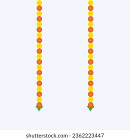 Marigold Flower vector, Traditional Indian marigold toran floral garland vector, wedding and festival decoration, border flower decoration with transparent background.Traditional Indian floral garland