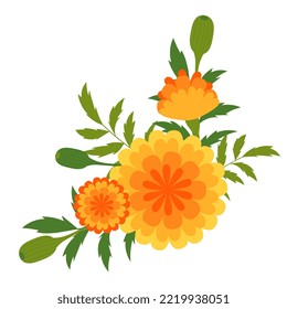 Marigold flowers blossoms. Mexican Dia de los Muertos. Indian Diwali festival. Day of Dead holiday Vector floral decorations.