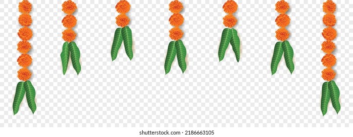 Marigold flowers Mango leaves Hanging decoration isolated for Hindu Festivals Diwali. Realistic Traditional household décor with shadow for auspicious occasions. Graphic resource vector illustration