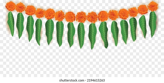 Marigold flowers Mango leaves Hanging decoration isolated for Hindu Festivals Diwali. Realistic Traditional household décor with shadow for auspicious occasions. Graphic resource vector illustration