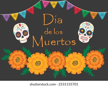 Flores de calêndulo, bandeiras de papel e crânio de açúcar no dia de morte, faixa vetorial. Dia de Los Muertos feriado fiesta fundo com crânios de calavera mexicana e ornamento floral para cartão de saudação