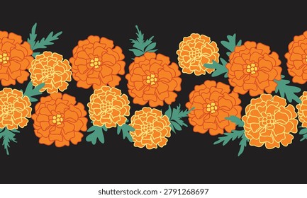 Marigold flowers seamless border. Horizontal floral banner with colorful botanical elements on dark background. Vector  pattern for printing on fabric and paper. Cartoon design for textile, package.