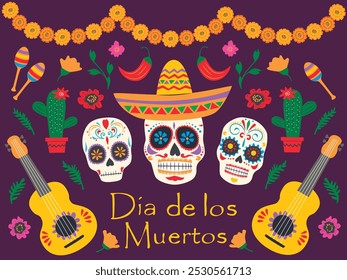 Flores de caléndula y calavera de azúcar en el día de muertos, Anuncio de Vector. Fondo de fiesta de fiesta del día de Los Muertos con calaveras mexicanas y adorno floral para tarjeta de felicitación