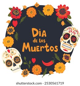 Marigold flowers and sugar skull on day of dead, vector banner. Dia de Los Muertos holiday fiesta background with Mexican calavera skulls and floral ornament for greeting card