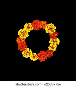 Marigold flowers wreath isolated on black background