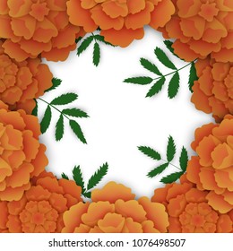 Marigold frame with leaves. Floral background