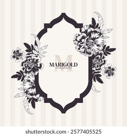 Marigold garden flowers in vector monochrome outline style. Greeting card template with bouquet and frame in oriental style. Tagetes flower arrangement for wedding invitation, saffron label, Diwali