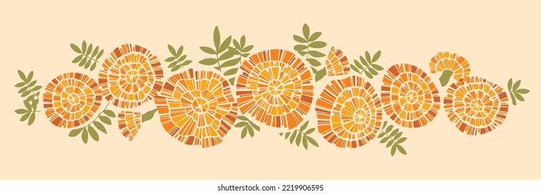 Marigold garland vector illustration. Marigold orange fall flowers header. Floral clipart for poster, card, cover, invitation, sublimation, print, and web.