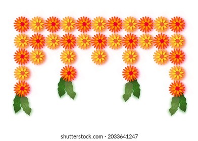Marigold. Green Leaf Garland. Yellow Orange Paper Cut Flower. Indian Festival Flower and Mango leaf. Happy Diwali, Dasara, Dussehra, Ugadi. Decorative Elements for Indian Celebration.