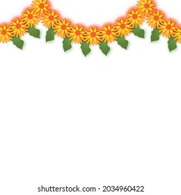 Marigold. Green Leaf Garland. Yellow Orange Paper Cut Flower. Indian Festival Flower and Mango leaf. Happy Diwali, Dasara, Dussehra, Ugadi. Decorative Elements for Indian Celebration.