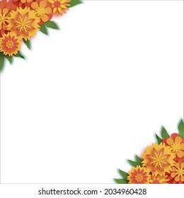 Marigold. Green Leaf Garland. Yellow Orange Paper Cut Flower. Indian Festival Flower and Mango leaf. Happy Diwali, Dasara, Dussehra, Ugadi. Decorative Elements for Indian Celebration.