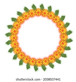 Marigold. Green Leaf Garland. Yellow Orange Paper Cut Flower. Indian Festival Flower and Mango leaf. Happy Diwali, Dasara, Dussehra, Ugadi. Decorative Elements for Indian Celebration. Circle frame.