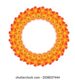 Marigold. Green Leaf Garland. Yellow Orange Paper Cut Flower. Indian Festival Flower and Mango leaf. Happy Diwali, Dasara, Dussehra, Ugadi. Decorative Elements for Indian Celebration. Circle frame.