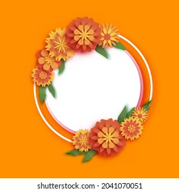 Marigold. Green Leaf Garland. Yellow Orange Paper Cut Flower. Indian Festival Flower and Mango leaf. Happy Diwali, Dasara, Dussehra, Ugadi. Decorative Elements for Indian Celebration. Circle frame.