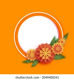 Marigold. Green Leaf Garland. Yellow Orange Paper Cut Flower. Indian Festival Flower And Mango Leaf. Happy Diwali, Dasara, Dussehra, Ugadi. Decorative Elements For Indian Celebration. Circle Frame.