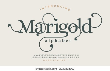 Marigold luxury elegant alphabet letters and numbers. Elegant wedding typography classic serif font decorative vintage retro.