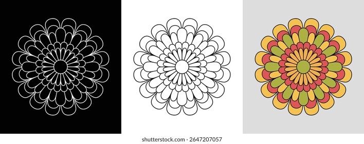 Marigold mandala with symmetrical layers and vibrant color segments for floral decor.