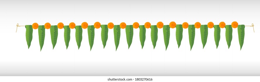 marigold and mango leaves toran festival celebration. Natural buntings with flower and leaves for festival celebration. Indian traditional buntings for festival and Door frame. Decorative bunting.