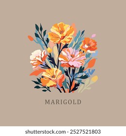 Marigold. Outubro Flor mês de nascimento. Flores de nascimento vintage floral ilustrações, retro flor mercado poster. serigrafia impressão retro groovy trippy psicodélico pôster arte. Simples mínimo 1960