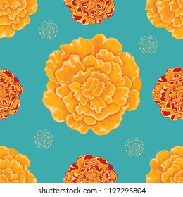 Marigold on blue Background. Vector Seamless pattern. Indian holiday Diwali. The illustration with traditional flowers.