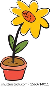 Marigold in pot, illustration, vector on white background.