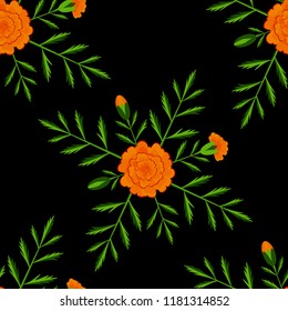 Marigold. Seamless Pattern. Day of the Dead. Mexican holiday. Black background