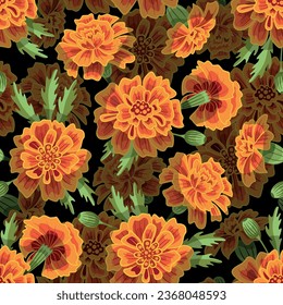 Marigold seamless pattern. Summer flowers wallpaper. Marigold vector. Flowers on a black background.