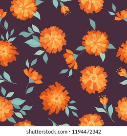 Marigold. Seamless Pattern.Background of Mexican holiday "Day of the Dead". The illustration with traditional marigold flowers on the purple background.