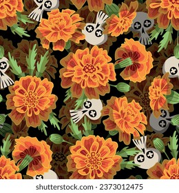 Marigold and skull Mexican pattern. Marigold vector. Floral background.