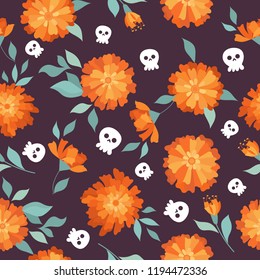 Marigold and skull. Seamless Pattern.Background of Mexican holiday "Day of the Dead". The illustration with traditional marigold flowers on the purple background.