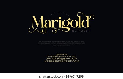 Marigold swash luxury elegant alphabet letters and numbers. Vintage wedding typography classic serif font decorative vintage retro. creative vector illustration